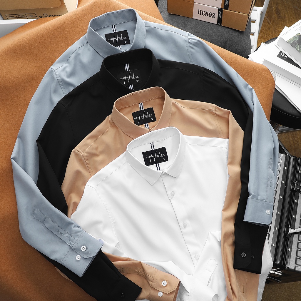Áo sơ mi nam dài tay HEBOZ chất vải gân xéo nhỏ mềm mịn ít nhăn, 4 màu trơn basic slimfit - 00001064