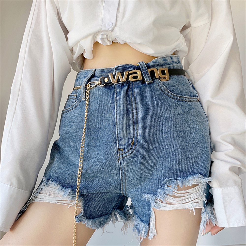 Thắt Lưng Dây Xích In Chữ Wang Màu Ánh Kim Thời Trang Hàn Quốc Cho Nữ