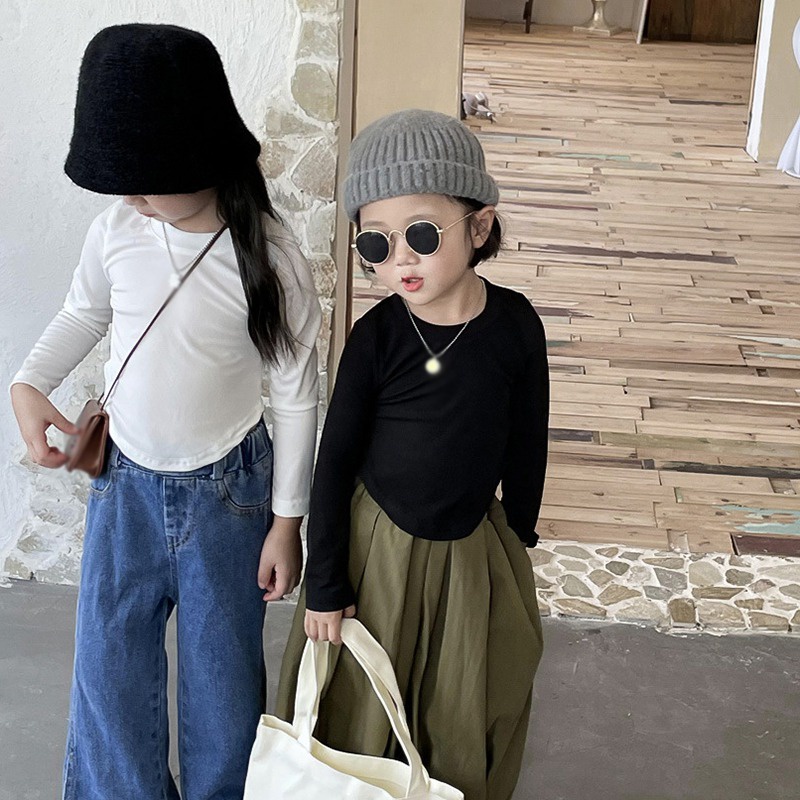 Áo Thun Tay Dài Dáng Ôm Màu Sắc Đơn Giản Phong Cách Hàn Quốc Thời Trang Xuân Thu Cho Bé Gái