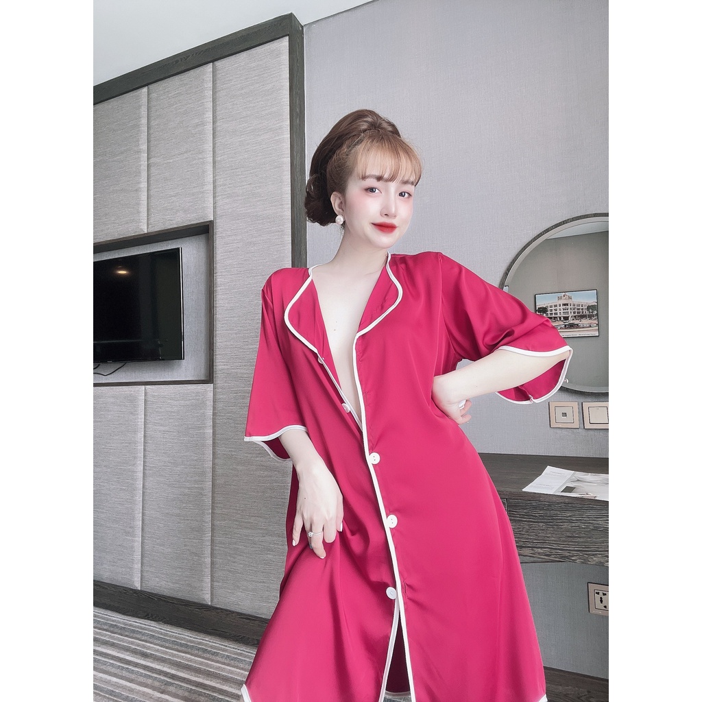 Váy Ngủ Sơ Mi Lụa Bigsize Sang Trọng   Đầm Mặc Nhà Form Suông Rộng Thoải Mái Chất Satin Cao Cấp Thoáng Mát.