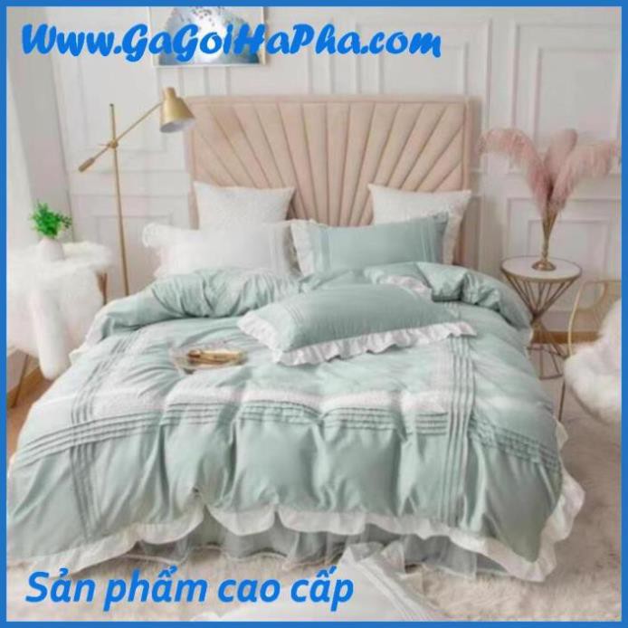 Bộ chăn ga gối cotton bèo ren công chúa cao cấp, bộ ga giường cotton đẹp