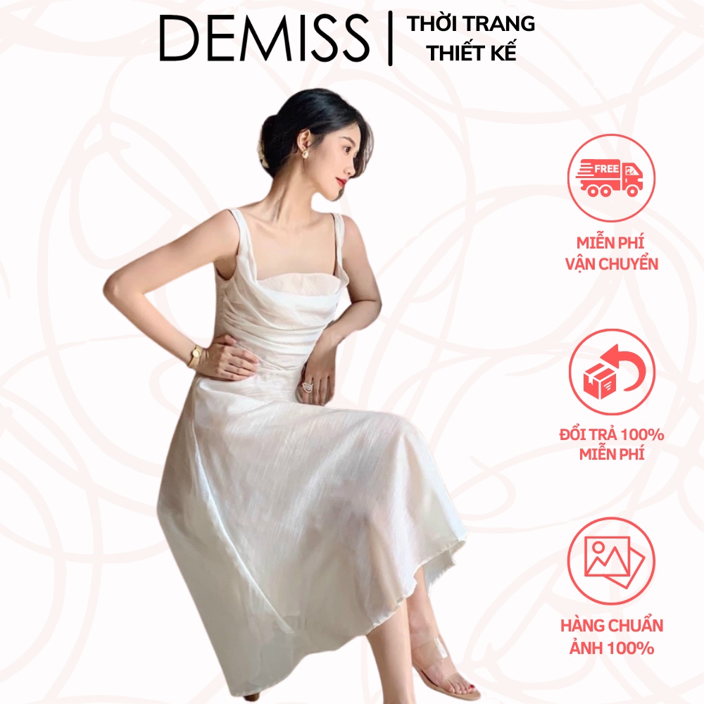 Đầm Midi Hai Dây 💖DEMISS💖 Váy Midi Hai Dây Trắng Cổ Đổ Xếp Ly Nhún Ngực Sang Chảnh - V-Trắng-41