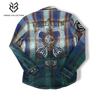 Áo sơ mi nam tay dài THREE COLLECTION caro was xanh, chất kaki dày dặn thêu vũ khí viking chính hãng s2651
