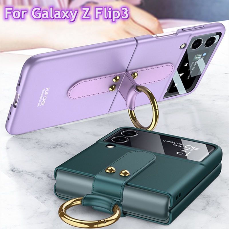 Ốp điện thoại nhựa cứng siêu mỏng chống sốc có nhẫn đỡ tiện lợi cao cấp cho Samsung Galaxy Z Flip 3 Flip3 5G