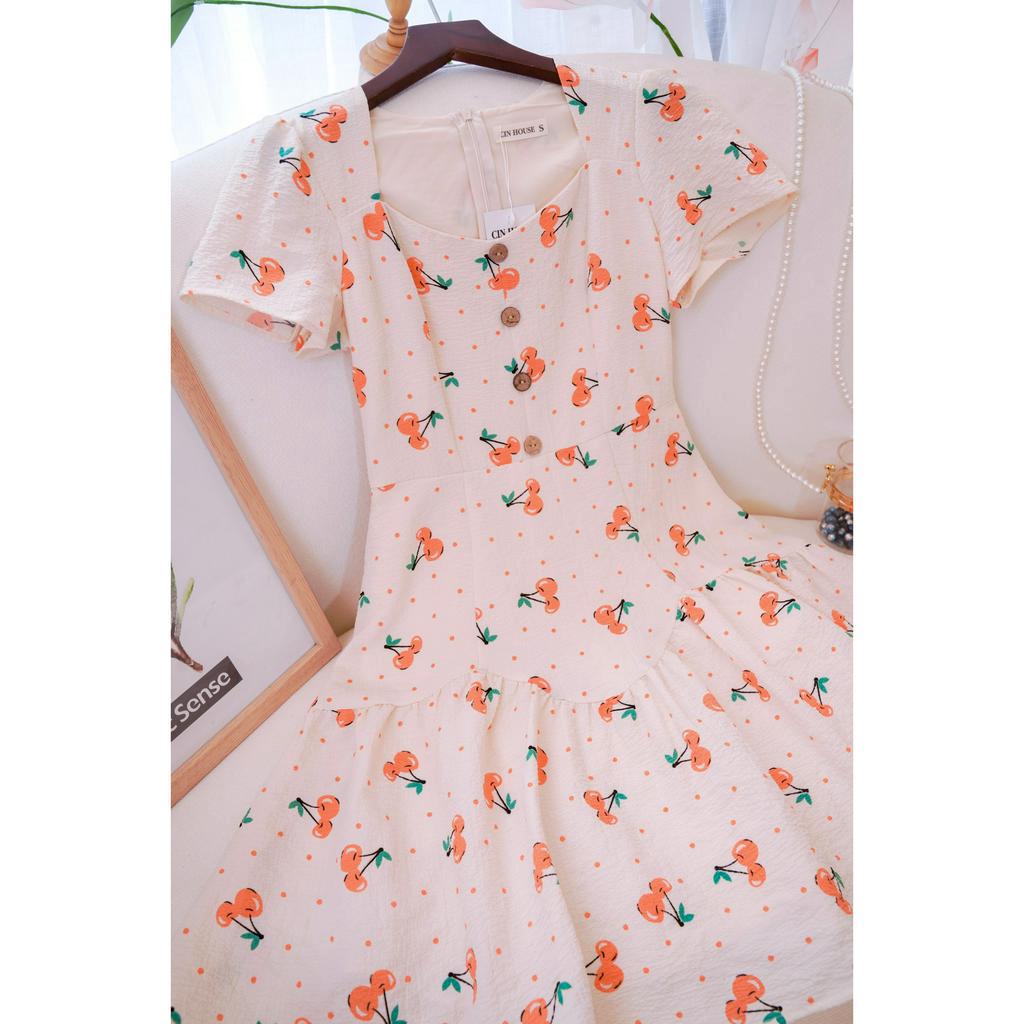 Đầm xòe đuôi cá họa tiết Cherry trẻ trung hack dáng C105 CIN HOUSE