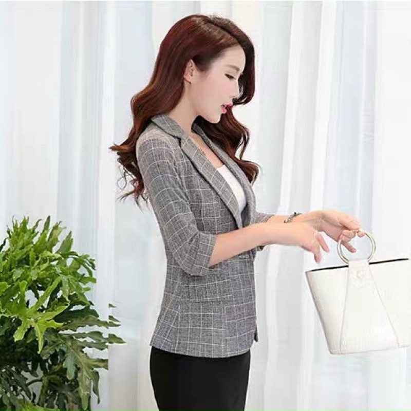 Áo vest xinh diện bốn mùa AV01 blazer nữ mẫu kẻ tay lỡ có túi