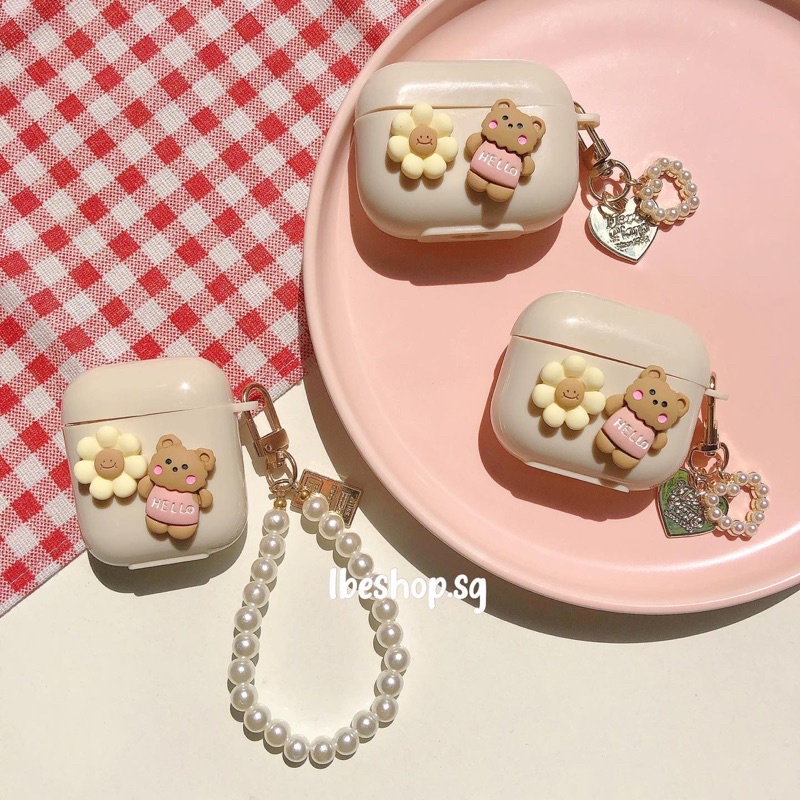 Vỏ Case Airpods 1 2 3 Pro Gấu Bông Ngọc Trai Chất Liệu TPU Kèm Móc Khóa Trái Tim Chống Bụi Bẩn