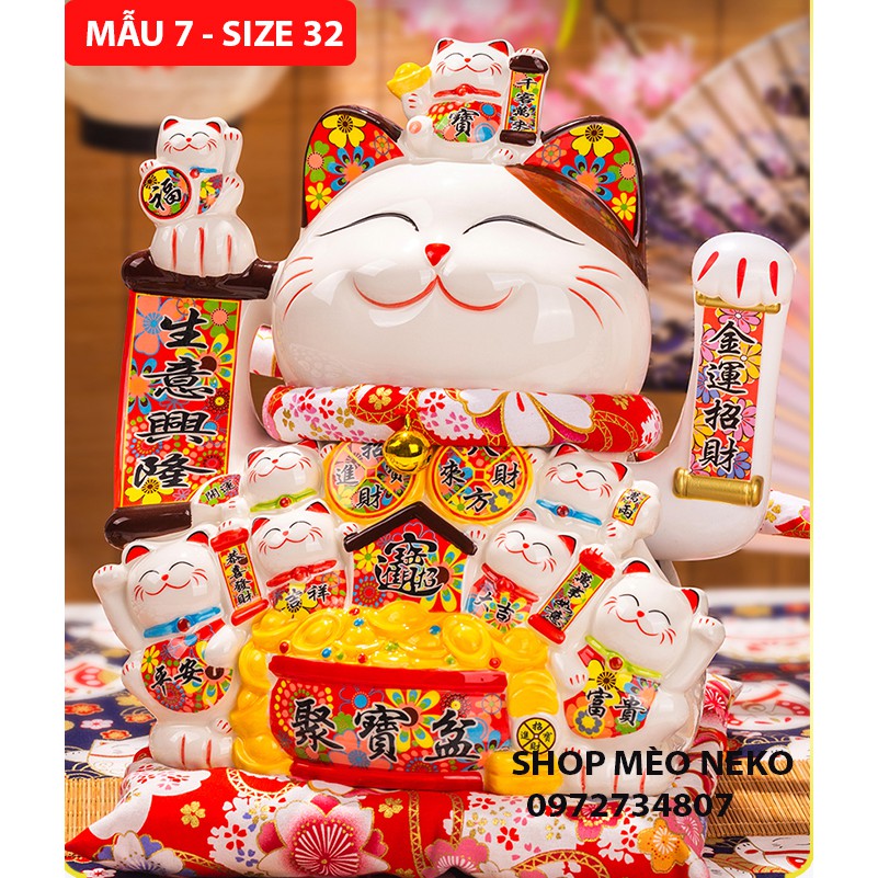 Mèo Thần Tài Vẫy Tay Phát Tài Phát Lộc Gốm Sứ Cao Cấp  size 29 cả đệm