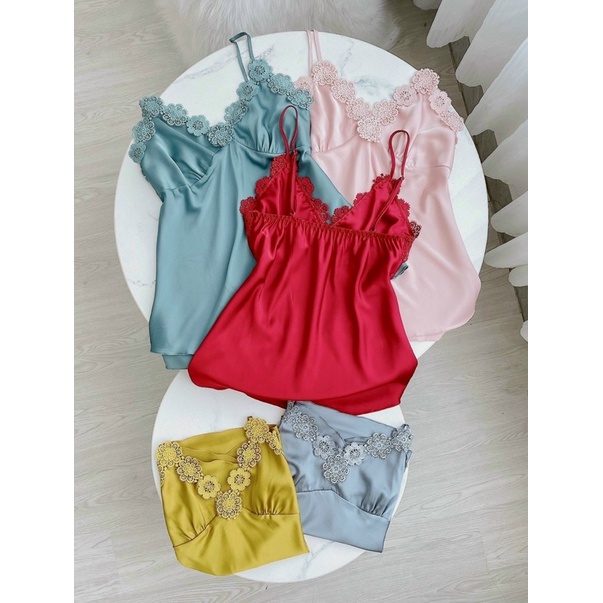 Bộ ngủ lụa 2 dây viền ren hoa hồng ( sẵn ) Bộ mặc nhà sang chảnh quyến rũ