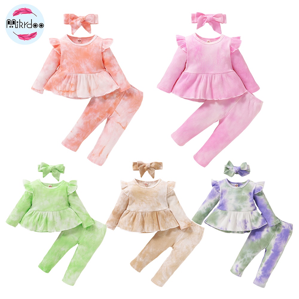 Bộ 3 món MIKRDOO Áo tay dài và Quần kèm Băng đô bằng cotton dành cho bé gái sơ sinh/ tập đi