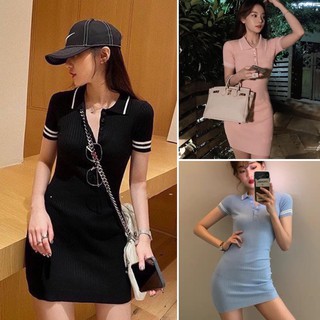Đầm body đen gân viền trắng