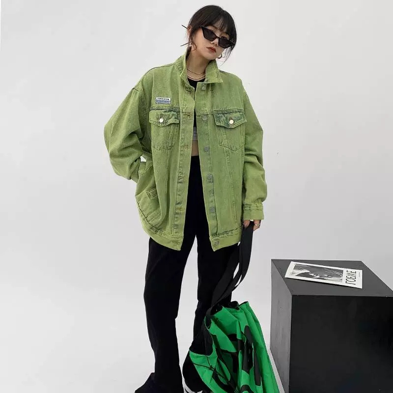 IELGY   Áo Khoác denim Dáng Rộng Màu Xanh Lá Kiểu retro Cá Tính Cho Nữ