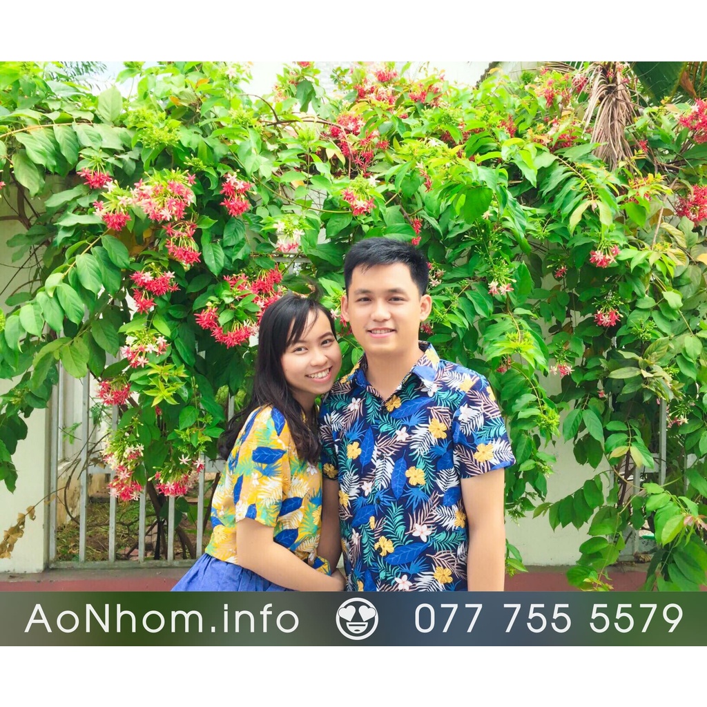 Áo Sơ Mi Hawaii Đi Biển Mềm Mát - Hoa Xanh Vàng Đỏ - Áo Đôi Đồng Phục Nhóm Lớp Team Building Hoạ Tiết Hoa Lá Trái Cây