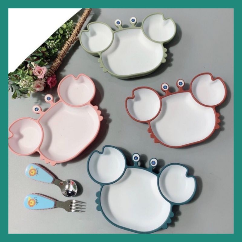 bộ Khay ăn dặm silicon, hình cà rốt 5 chi tiết, hình con cua đáng yêu, có đế hít chống đỗ, không chứa BPA,an toàn cho bé