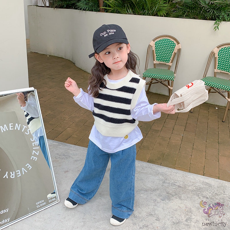 Quần jean ống rộng thời trang mùa thu Hàn Quốc năng động cho bé gái