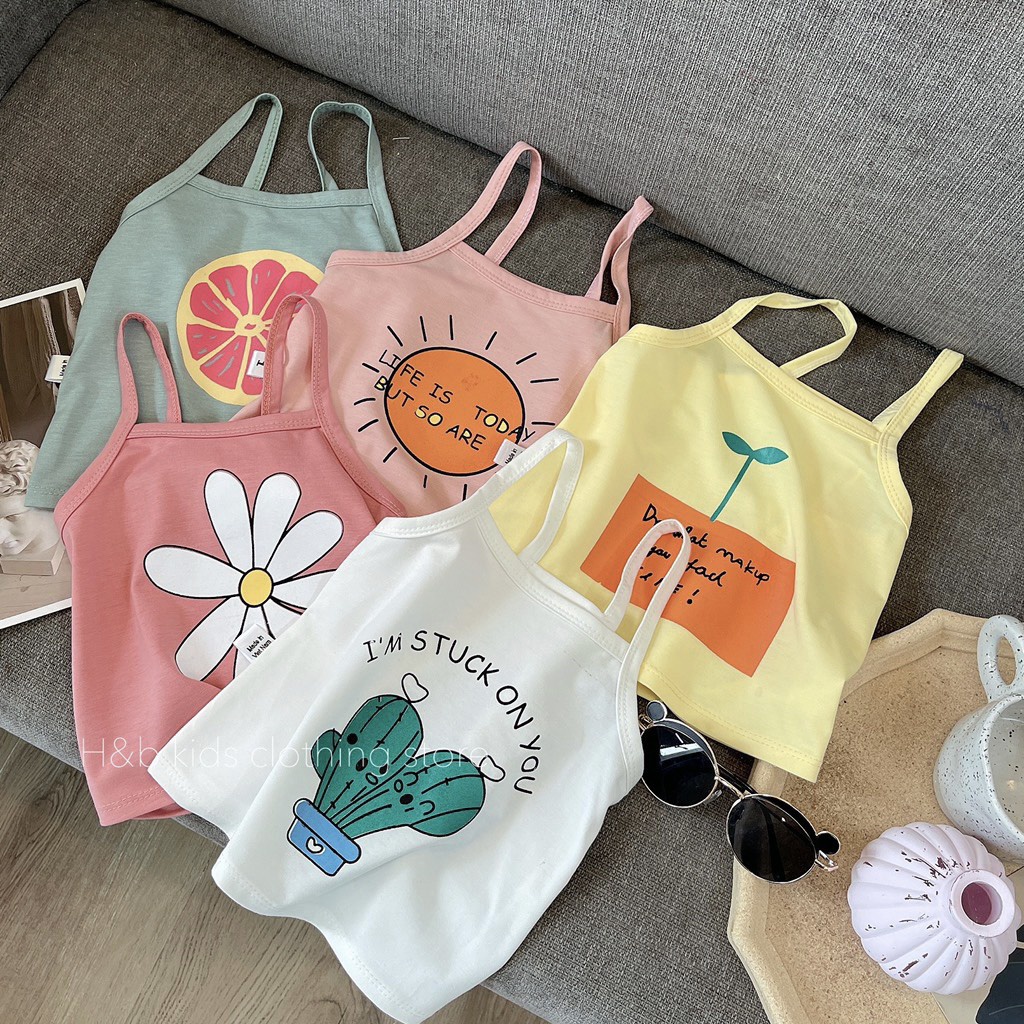 Áo cotton bé gái. Áo 2 dây cho mùa hè tiện dụng chất cotton mềm mịn, thấm hút mồ hôi, co giãn 4 chiều hoạ tiết siêu kute