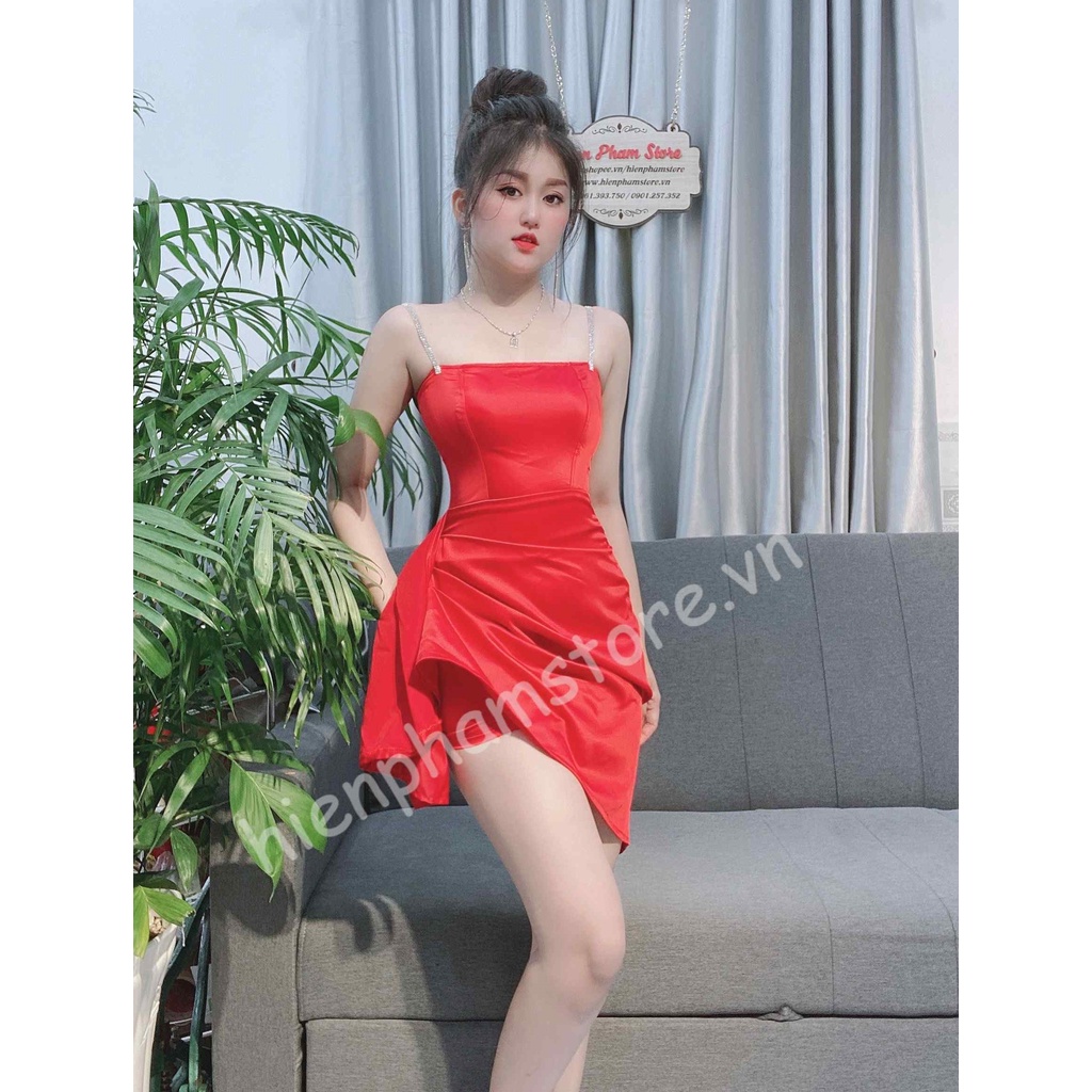 Đầm lụa 2 dây đính đá, bèo rũ xéo tà - DN7553