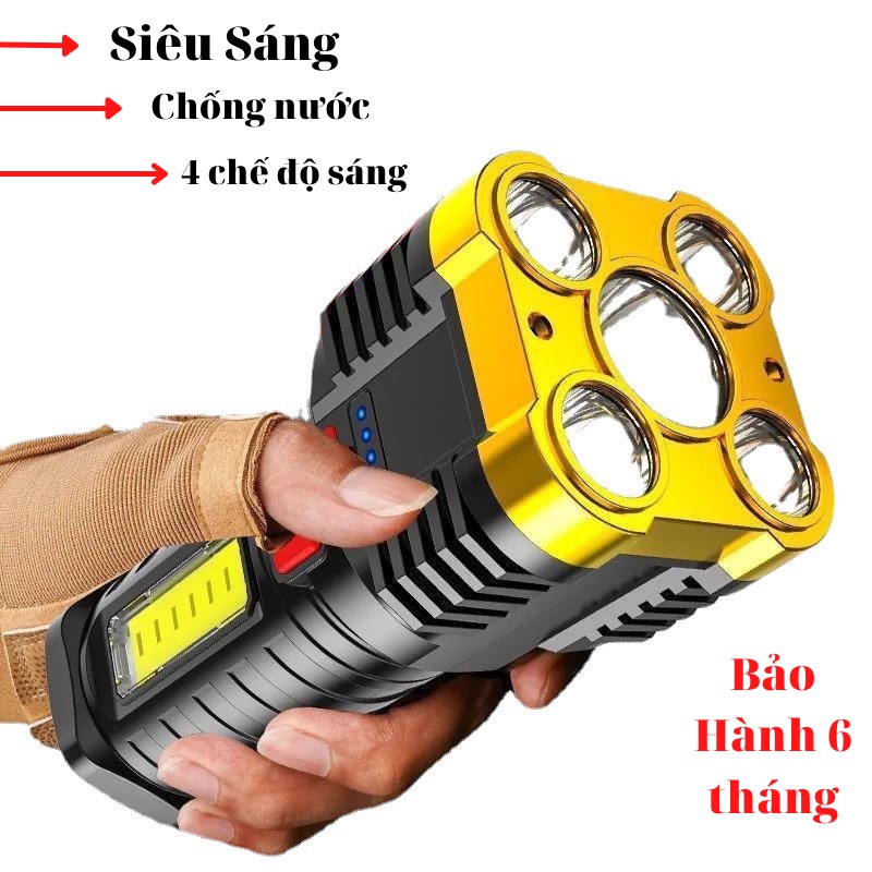 Đèn pin siêu sáng LED cầm tay 5 bóng bin 4 chế độ kiêm đèn để bàn có sạc tiện ích đa năng