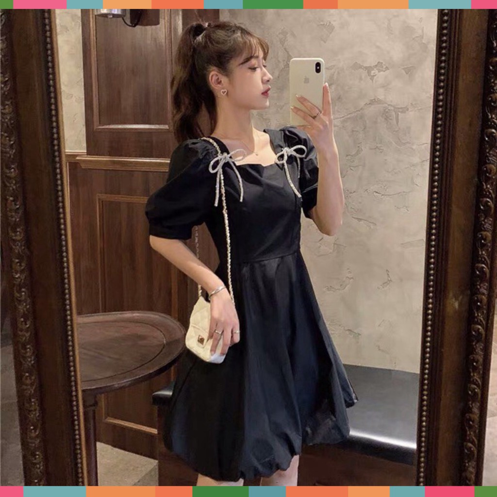 Đầm Nữ Ngắn Tay Bồng Nơ Cài Vai Hai Màu Siêu Xinh Nơ Vai ️🎶 Váy Nữ Dáng Xòe Cổ Vuông Đáng Yêu | BigBuy360 - bigbuy360.vn