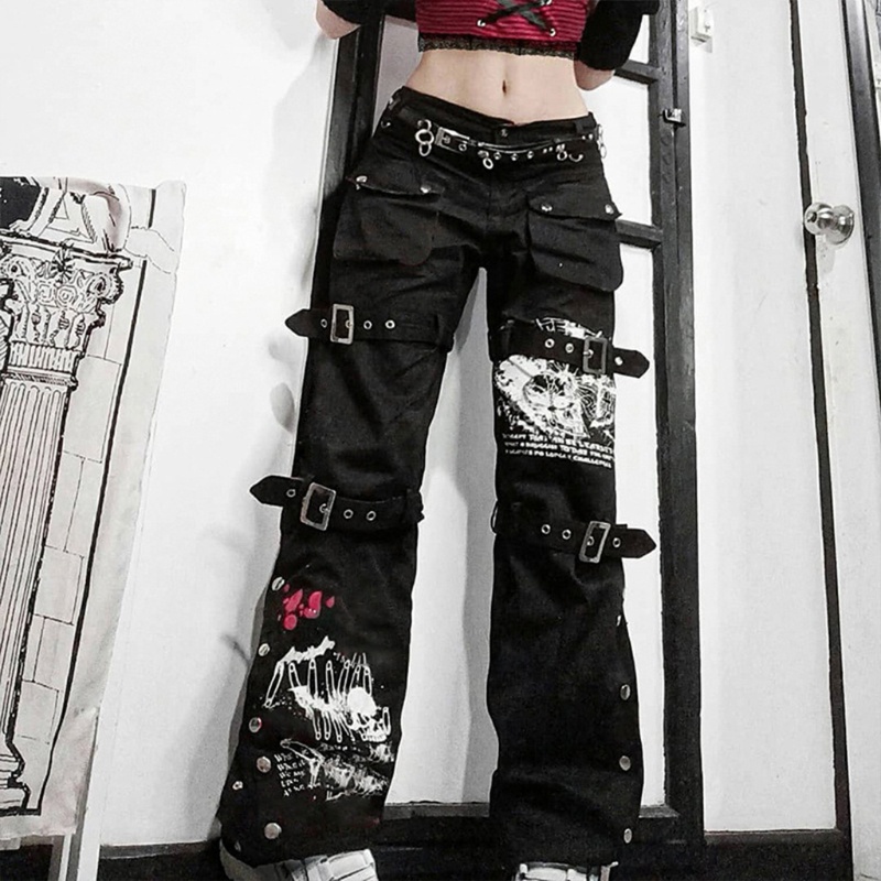 Quần jean túi hộp 10MK ống rộng cạp cao gắn khóa kim loại in hình phong cách hip hop goth punk Harajuku cho nữ