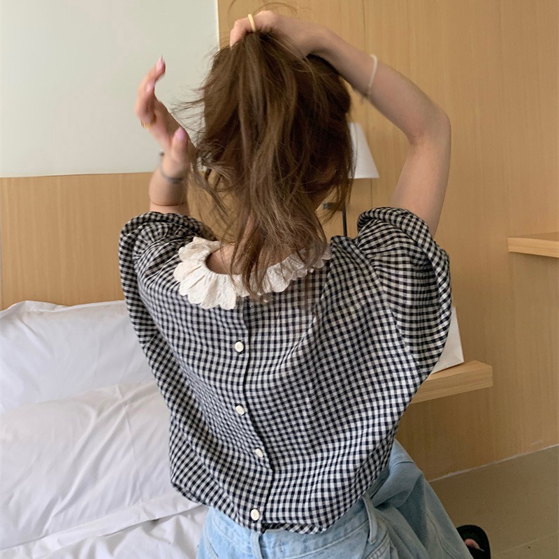 Áo Sơ Mi Tay Ngắn Cổ Tròn Phối Ren Thời Trang Hàn Quốc Dành Cho Nữ