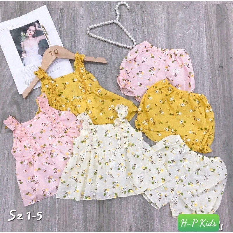 bộ 2 dây bản to phối hoa - bộ mặc hè bé gái