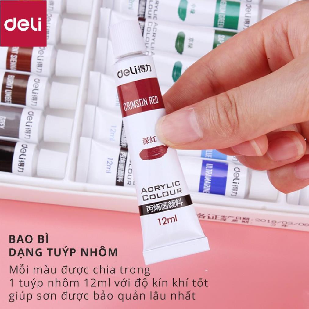 Màu Acrylic chuyên nghiệp Deli - 12ml/tuýp - vẽ vải / vẽ quần áo / vẽ giày - 12/18/24 màu - 73856 / 3857 / 73858 [Deli]