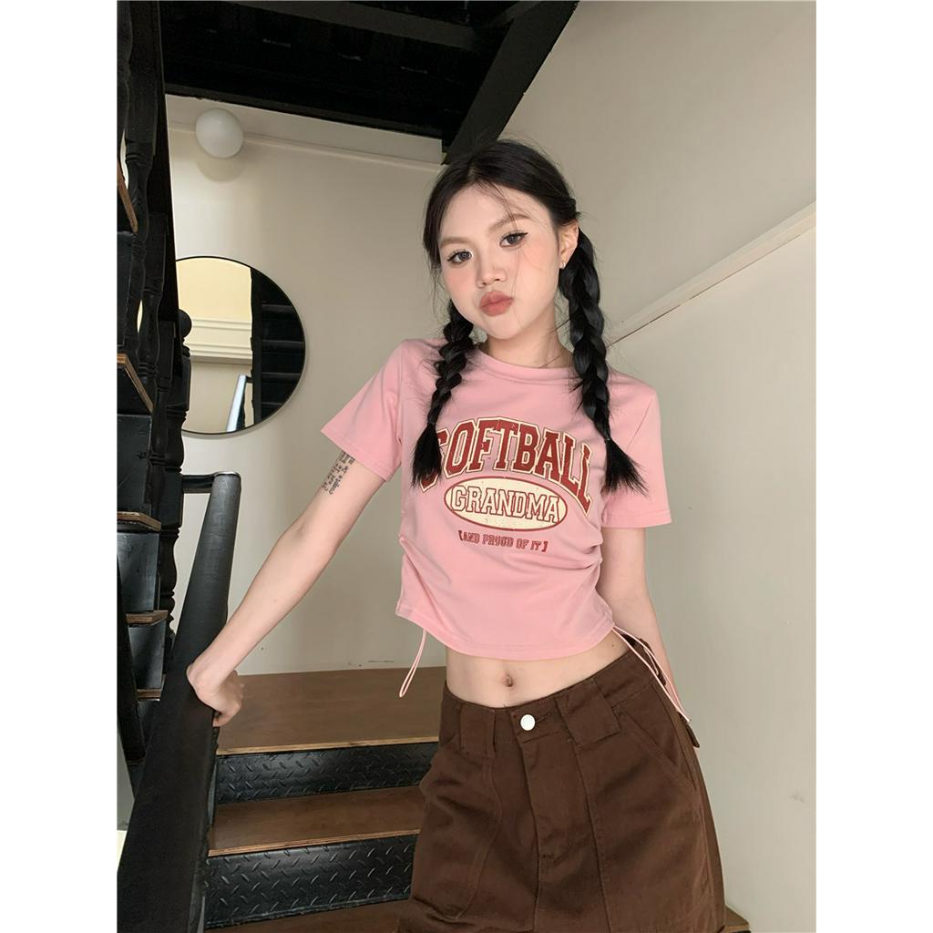 Áo Thun Dáng Ngắn Phối Dây Rút In Họa Tiết Kiểu Retro Cá Tính 6355