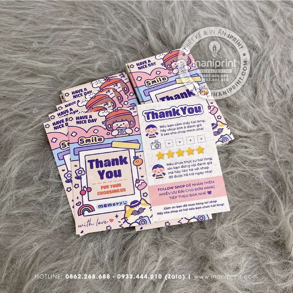 Giấy Cảm Ơn Kute, Card Thank You Dễ Thương, Thiệp Cám Ơn Khách Đã Mua Hàng Mẫu Chụp Hình - Size 9x5.4cm - Cán Màng Mờ