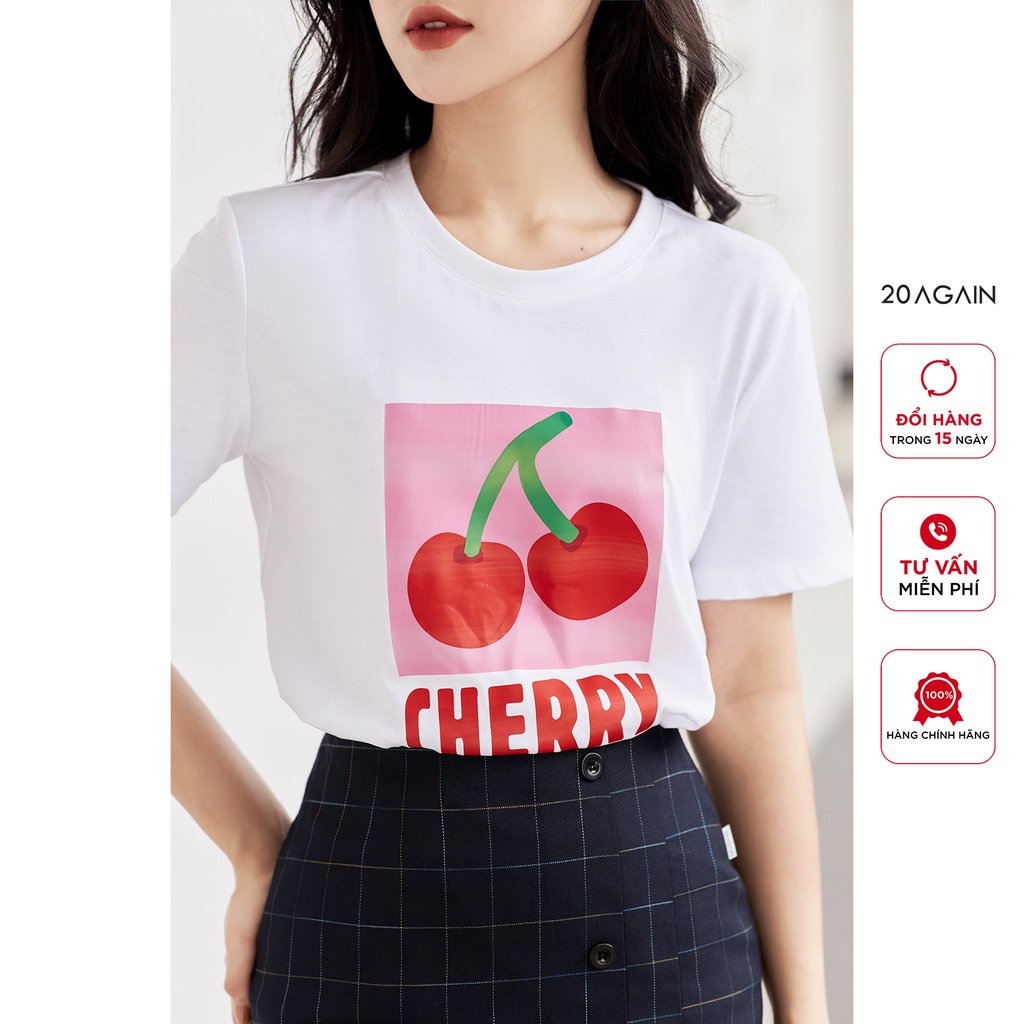 Áo thun nữ cổ tròn,ngắn tay 20AGAIN in hình quả cherry ngọt ngào ATA2317