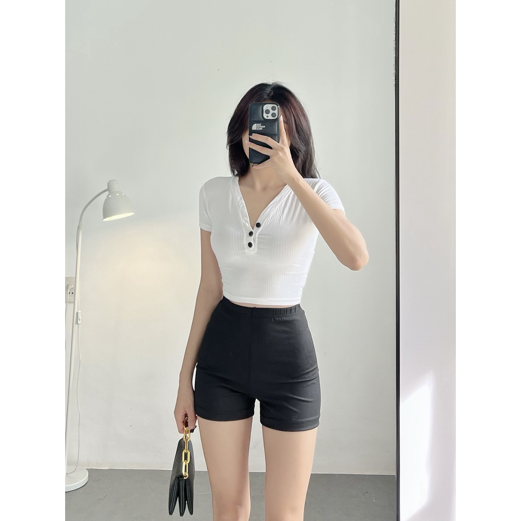 Áo croptop HHVINTAGE kiểu cổ tim, nút cài