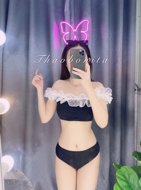 Bikini , set đồ bơi phối ren trễ vai kèm ảnh thật