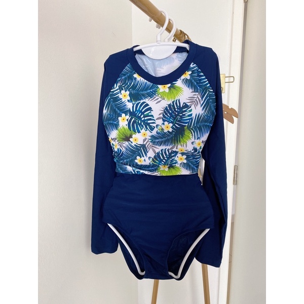 Bikini , đồ bơi nữ hai mảnh dài tay xanh hoa buộc lưng