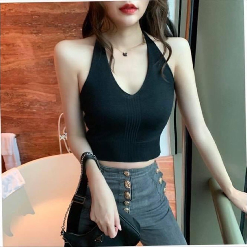 Áo yếm thun len body croptop hơ lưng cột - Order taobao quảng châu