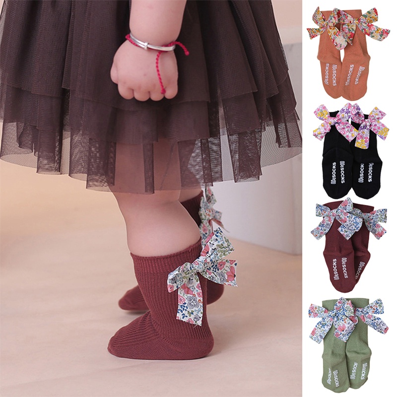 Tất Cotton Chống Trượt Đính Nơ Họa Tiết Hoa Xinh Xắn Cho Bé Gái