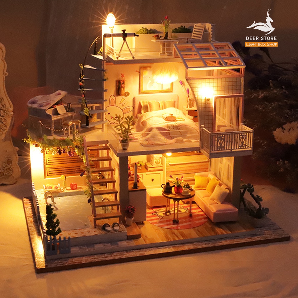 Nhà búp bê tự làm bằng gỗ DIY | Tặng DỤNG CỤ và 2 BÌNH KEO DÁN. Mô hình nhà Meet The Hour có nội thất và đèn led. P005