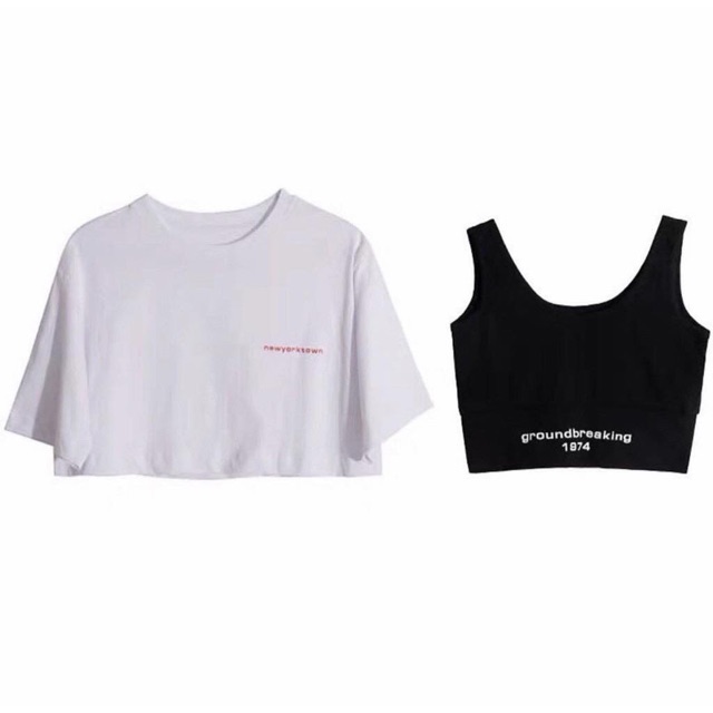 Set 2 áo croptop đen trắng trong ngoài siêu ngầu siêu đẹp