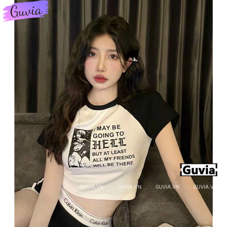 Áo Croptop Ôm Body Nữ HELL Cổ Tròn Tay Ngắn, Áo Thun Croptop Kiểu Sexy In Họa Tiết GUVIA CR58