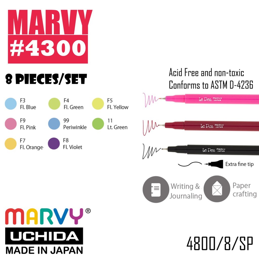 [HB gift]  Bộ 8 Bút lông kim luyện viết chữ đẹp MARVY Le Pen 4300 ngòi 0.3mm