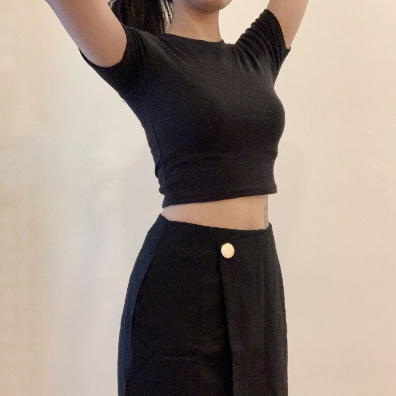 [ SET 2 MÓN ]Áo len tăm cổ tròn + chân váy chữ A  đính nút vạt chéo thời trang ulzzang mùa hè đi chơi basic cực đẹp [ GI