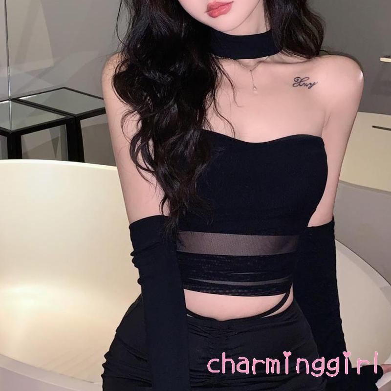 Chm-áo Ống Lưới Màu Trơn Hở Lưng Gợi Cảm Cho Nữ Kèm Vòng Cổ