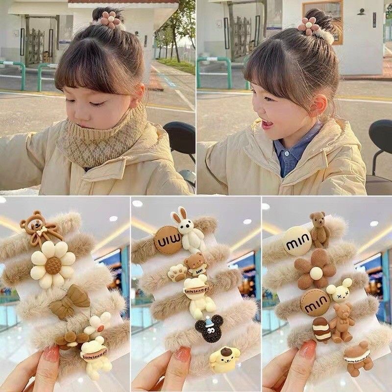 Set 5 cột tóc lông mềm gắn charm nhiều hình xinh xắn phong cách hàn quốc