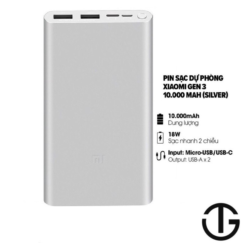 Sạc Dự Phòng Xiaomi Gen 3, Pin Dự Phòng - Dung lượng 10.000mah, 2 Cổng Sạc USB, 1 Cổng Typ C - Bảo Hành 12 Tháng