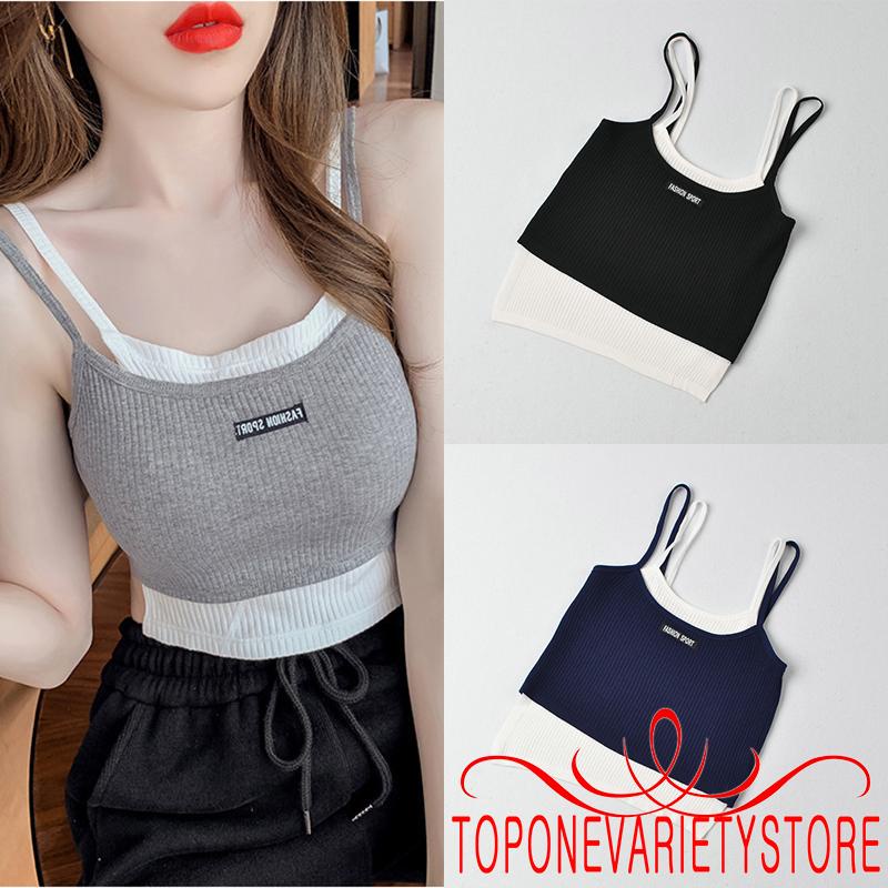 Áo Nữ Không Tay Giả Hai Lớp Cổ Chữ U Màu Sắc Thời Trang