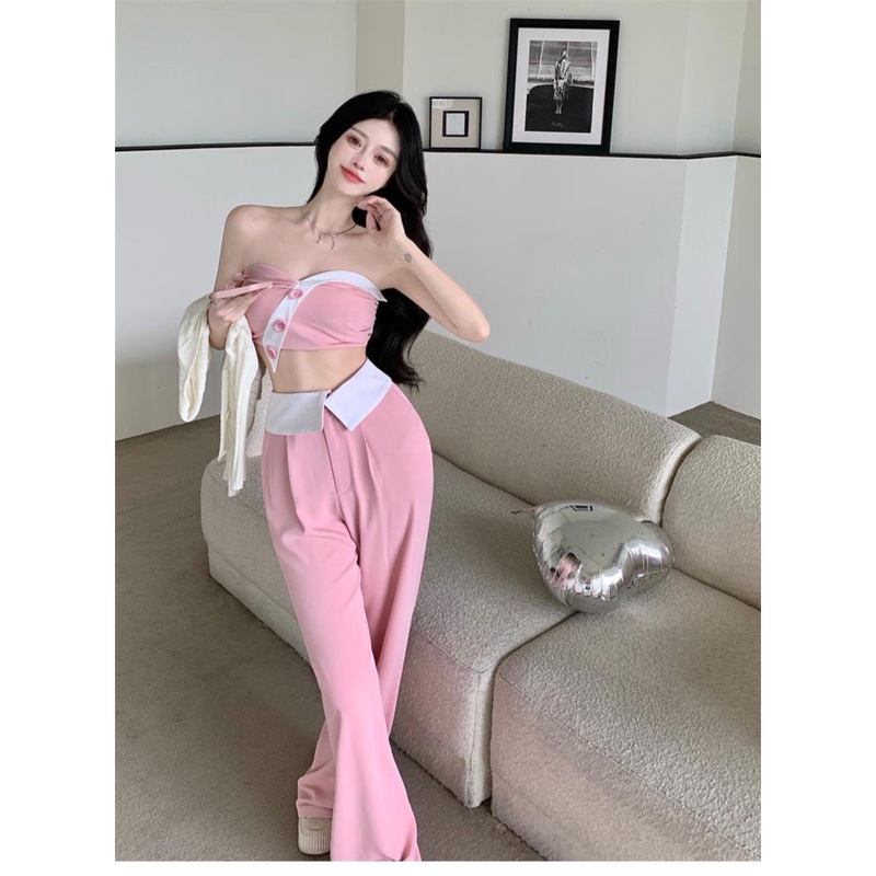 Bộ Áo Ống Màu Trơn + Quần Ống Rộng Thời Trang Mùa Hè Quyến Rũ Cho Nữ