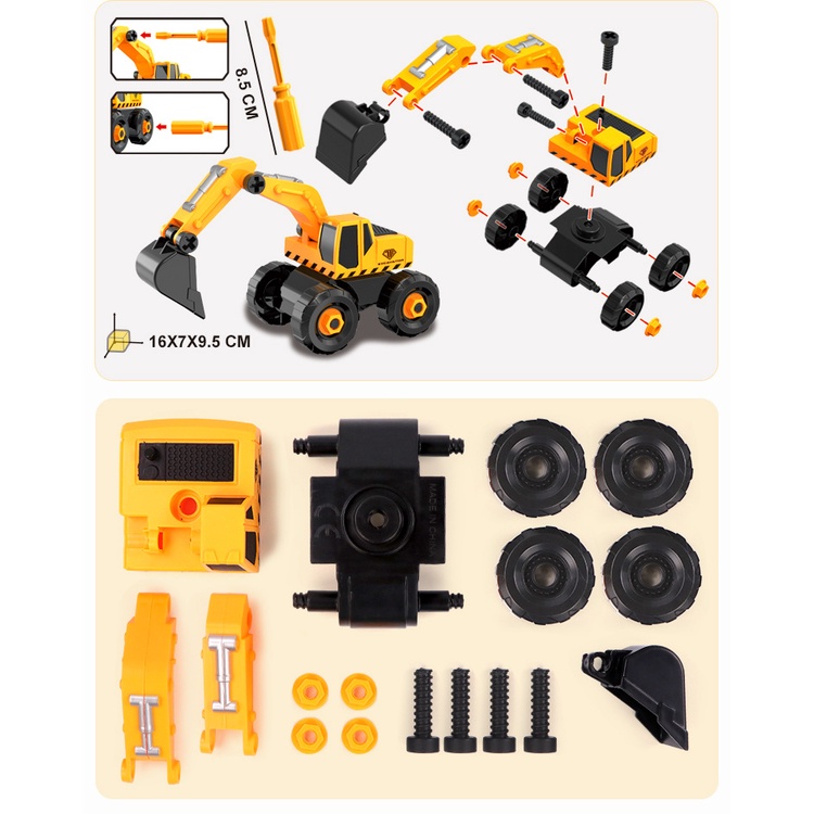 Bộ đồ chơi lắp ráp xe công trình gồm 6 xe kèm hộp đựng, tua vít, nhựa nguyên sinh cho bé KB221021