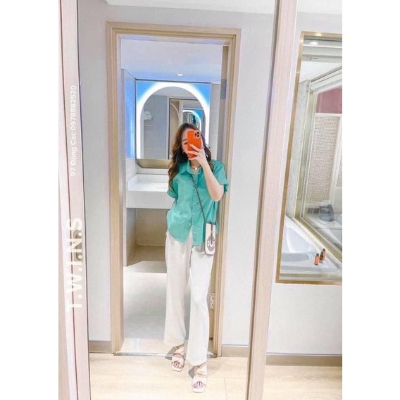 Áo sơ mi GU tay dơi gập gấu xanh mint