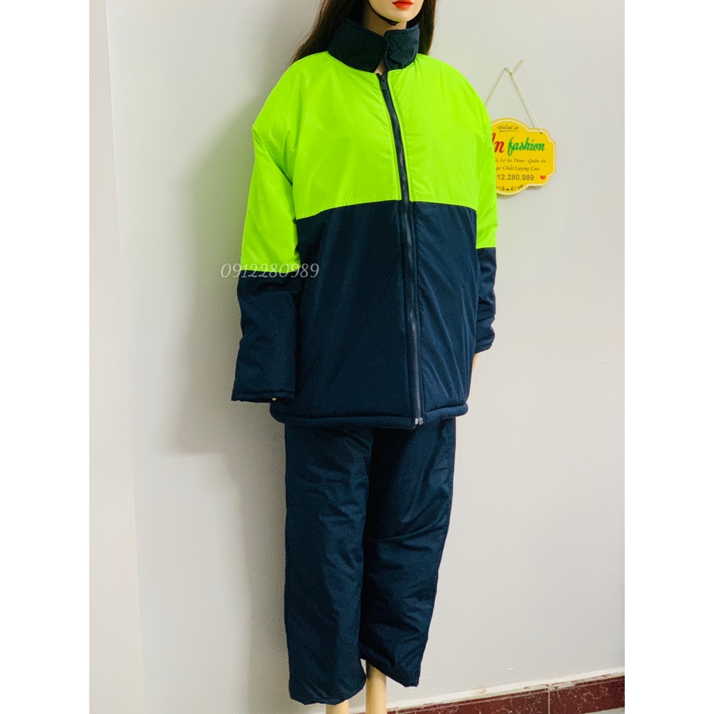 Quần áo bảo hộ trong kho đông lạnh -30 độ có lót lông ấm áp màu xanh đen phối xanh neon _ Hình chụp thật