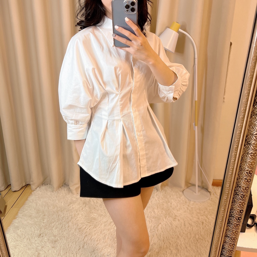 Set áo sơ mi nâu nhún eo mix quần đùi tacta LD136