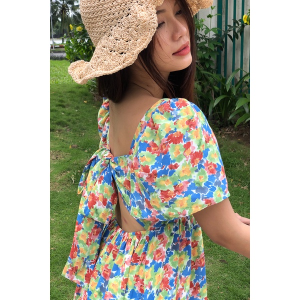 Đầm Maybi babydoll lụa in hoạ tiết phối nơ lưng tay cánh tiên